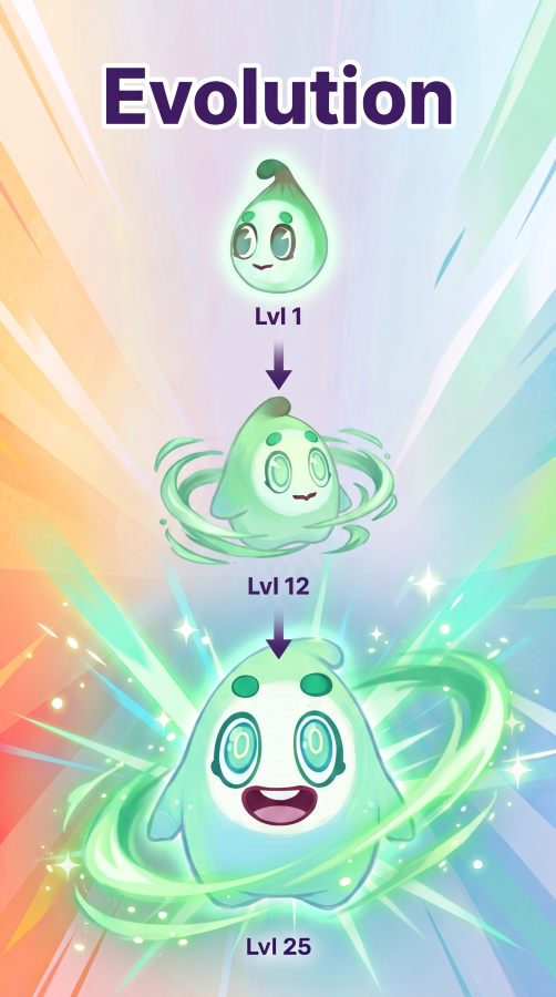 Steppi evolving from Level 1 to Level 12 to Level 25