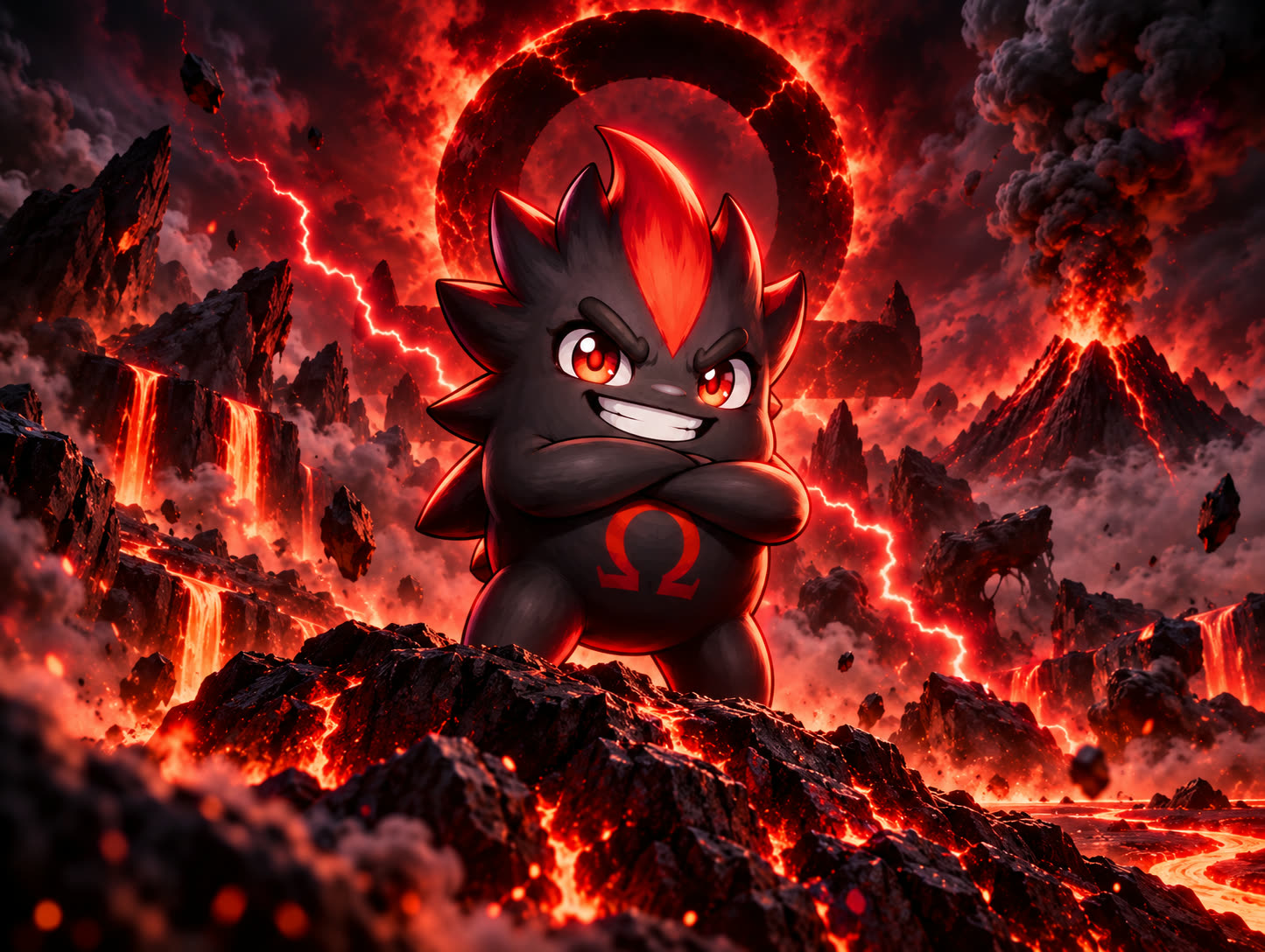Shadi, the new Season 2 Blob, glowing red in front of an erupting volcano with black smoke and dark-red lightning
